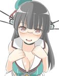  bad_id bad_nicoseiga_id bare_shoulders black_hair blush breasts choker choukai_(kantai_collection) commentary_request glasses hair_ornament hat headgear kantai_collection large_breasts long_hair masupa_kiriu no_gloves open_mouth red_eyes remodel_(kantai_collection) rimless_eyewear school_uniform simple_background skirt smile solo teeth white_background white_skirt 