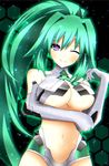  blush breasts cleavage green_hair green_heart large_breasts long_hair neptune_(series) one_eye_closed ponytail purple_eyes solo symbol-shaped_pupils very_long_hair 