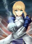  ahoge armor armored_dress artoria_pendragon_(all) blonde_hair fate/stay_night fate_(series) gauntlets green_eyes highres holding holding_sword holding_weapon long_hair saber solo sword tama_go weapon 