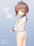  2016 arisu_kazumi artist_name ass bangs bare_legs brown_eyes brown_hair character_name clothes_writing dated dripping eyebrows eyebrows_visible_through_hair from_behind grey_background grey_hat headgear kantai_collection legs_together long_sleeves looking_at_viewer looking_back neckerchief no_pants panties rigging school_uniform see-through serafuku shirt short_hair simple_background solo standing sweatdrop tareme underwear water water_drop wet wet_clothes wet_shirt white_panties yukikaze_(kantai_collection) 