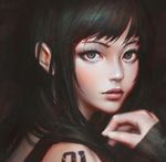  artist_name bare_shoulders brown_eyes closed_mouth guweiz hand_up light_smile lips looking_at_viewer number original pink_lips portrait realistic short_hair solo tattoo upper_body 