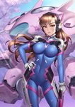  bodysuit breasts brown_hair d.va_(overwatch) day facial_mark gun hand_on_hip handgun impossible_bodysuit impossible_clothes large_breasts leaf98k looking_at_viewer mecha meka_(overwatch) overwatch parted_lips pilot_suit smile solo sparkle thigh_gap weapon whisker_markings 