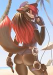  anthro beach butt canine clothing female fox gun handcuffs handgun hat hi_res looking_at_viewer looking_back mammal outside pistol ranged_weapon seaside shackles smile solo teeth tight_clothing weapon woadedfox 