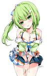  bad_id bad_pixiv_id beatmania beatmania_iidx belt breasts cleavage collarbone green_eyes green_hair hair_ribbon highres jewelry kitami_erika long_hair maremay0513 medium_breasts necklace open_mouth pleated_skirt ribbon side_ponytail signature simple_background skirt solo sweat white_background 