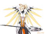  absurdres bad_id bad_twitter_id blonde_hair bodysuit breasts cowboy_shot haje high_ponytail highres holding long_hair looking_away mechanical_halo mechanical_wings medium_breasts mercy_(overwatch) overwatch pantyhose ponytail short_hair simple_background solo spread_wings staff twitter_username v_arms wings yellow_background yellow_eyes yellow_wings 