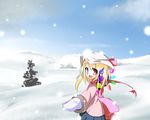  blonde_hair coat fang flandre_scarlet hat mittens oouso red_eyes scarf short_hair snow solo touhou wings winter 