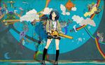  bandaid blue_eyes blue_hair candy chainsaw comickers duplicate food graffiti hands highres legs lollipop long_hair oogure_ito original rainbow school_uniform shoes skirt solo third-party_edit wall 