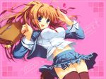  backpack bag blonde_hair blue_eyes blush breasts brown_hair character_request copyright_request jumping large_breasts long_hair long_sleeves miniskirt red_hair school_uniform skirt smile solo thighhighs tomose_shunsaku wallpaper zettai_ryouiki 