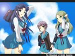  :o asakura_ryouko blazer blonde_hair blue_sailor_collar blue_skirt blue_sky blush cloud cowboy_shot day green_eyes inui_nagi jacket kimidori_emiri kita_high_school_uniform letterboxed long_sleeves looking_at_viewer multiple_girls nagato_yuki parted_lips pleated_skirt red_ribbon ribbon sailor_collar school_uniform serafuku shirt skirt sky sun sunlight suzumiya_haruhi_no_yuuutsu white_shirt 