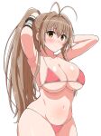  1girl amagi_brilliant_park antenna_hair armpits bikini blush breasts brown_eyes brown_hair closed_mouth collarbone commentary eyebrows_visible_through_hair frown furrowed_brow groin hair_between_eyes hair_intakes hair_ribbon halterneck highres large_breasts long_hair navel ponytail red_bikini ribbon sento_isuzu simple_background solo swimsuit very_long_hair wagokinesis white_background 