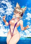  1girl alternate_costume areola_slip areolae arms_up bangs bare_shoulders blonde_hair blue_sky blush breasts cloud cloudy_sky collarbone commentary_request earmuffs eyebrows_visible_through_hair eyelashes gold_bracelet hair_between_eyes island kurokan_(kokkyou_oudan) large_breasts looking_at_viewer navel ocean open_mouth pointy_hair purple_swimsuit ribs shiny shiny_hair shiny_skin short_hair sidelocks sky slingshot_swimsuit solo standing stomach swimsuit thighs touhou toyosatomimi_no_miko water 