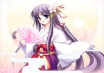  :d fan flower folding_fan fujisaki_rei hair_flower hair_ornament hakama japanese_clothes long_hair long_sleeves miko open_mouth original purple_eyes purple_hair red_hakama smile solo 