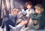  absurdres artist_request bed blonde_hair bob_cut bullpup dragunov_svd feet gun gunslinger_girl henrietta_(gunslinger_girl) highres leg_hug lying multiple_girls p90 rico_(gunslinger_girl) rifle shotgun sitting sniper_rifle socks submachine_gun triela waistcoat weapon winchester_model_1897 