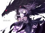  black_dress black_wings dragon dress frilled_sleeves frills from_side hairband lolita_hairband long_hair long_sleeves looking_down monster purple_eyes red_eyes rozen_maiden setuna_(jigaren) silver_hair simple_background solo suigintou very_long_hair weapon white_background wings 