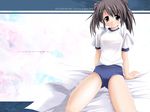  arm_support black_hair blue_eyes buruma gym_uniform komichi leaning_back looking_at_viewer original solo wallpaper 