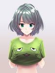  blue_eyes closed_mouth collarbone eyebrows eyebrows_visible_through_hair gradient_hair green_eyes green_hair green_shirt grey_background hand_under_clothes heterochromia highres idolmaster idolmaster_cinderella_girls infinote looking_at_viewer midriff mole mole_under_eye mole_under_mouth multicolored_hair shirt short_hair short_sleeves silver_hair simple_background smile smiley_face solo t-shirt takagaki_kaede upper_body 