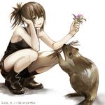  2016 animal bangs beaver black_footwear black_legwear brown_hair dated flower green_eyes hair_between_eyes hand_on_own_head head_rest head_tilt holding holding_flower kneehighs long_hair original parted_lips ponytail purple_flower shoes shorts sketch sleeveless smile squatting tank_top twitter_username uraki_(tetsu420) white_background 