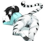  all_fours anthro anus ass_up black_fur black_hair bottomless butt clothed clothing feline female fur hair looking_at_viewer lost-paw mammal presenting presenting_hindquarters pussy raised_tail solo stripes tiger white_fur 