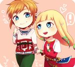  1boy 1girl artist_name bangs blonde_hair blue_eyes bracelet dress hand_on_own_chest heart holding_hands jewelry link open_mouth orange_hair pointy_ears princess_zelda red_dress sash signature sinzuu smile spoken_exclamation_mark the_legend_of_zelda the_legend_of_zelda:_skyward_sword 