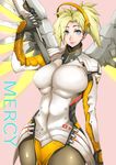 blonde_hair blue_eyes breasts character_name cowboy_shot gggg highres large_breasts lips mechanical_halo mechanical_wings mercy_(overwatch) overwatch pantyhose pink_background short_hair simple_background solo staff wide_hips wings yellow_wings 