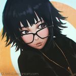  artist_name black-framed_eyewear black_hair closed_mouth cross cross_necklace glasses guweiz hunter_x_hunter jewelry looking_to_the_side necklace pendant purple_eyes red_lips shizuku_(hunter_x_hunter) short_hair solo sweater upper_body 