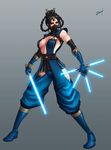  black_hair blue_footwear boots braid breasts cleavage dual_wielding elbow_gloves energy_sword face_mask gloves hair_ornament hair_up highres holding karosu_maker kitana knee_boots lightsaber long_hair mask medium_breasts mortal_kombat multiple_braids sideboob solo star_wars sword weapon yellow_eyes 