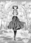  ascot breasts collared_shirt flower greyscale kazami_yuuka lily_pad long_skirt looking_at_viewer lotus medium_breasts meet monochrome open_clothes open_vest pantyhose parasol plaid plaid_skirt plaid_vest ripples shirt shoes short_hair short_sleeves skirt smile solo touhou umbrella vest walking walking_on_liquid 