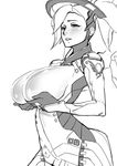  alternate_breast_size blush breast_lift breasts greyscale high_ponytail large_breasts mechanical_halo mercy_(overwatch) monochrome overwatch ponytail solo swiss_flag ufo_koikoi 