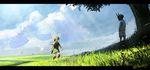  ag+_(atelieriji) blonde_hair blue_sky boots cloud day fairy field grass highres link majora_(entity) mask multiple_boys outdoors pointy_ears scenery shade sky tatl the_legend_of_zelda the_legend_of_zelda:_majora's_mask tree walking young_link 