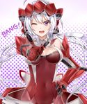  ahoge bang bare_shoulders blush breasts checkered checkered_background cleavage english finger_gun hand_on_hip highres medium_breasts one_eye_closed open_mouth purple_eyes resyeol senki_zesshou_symphogear silver_hair solo teeth yukine_chris 