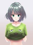  blue_eyes character_print closed_mouth collarbone covering covering_breasts eyebrows eyebrows_visible_through_hair gradient_hair green_eyes green_hair green_shirt grey_background hand_under_clothes heterochromia highres idolmaster idolmaster_cinderella_girls infinote looking_at_viewer midriff mole mole_under_eye multicolored_hair pina_korata shirt short_hair short_sleeves silver_hair simple_background smile smiley_face solo t-shirt takagaki_kaede upper_body 