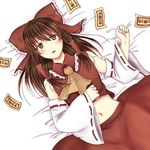  ascot bad_id bad_pixiv_id bow brown_eyes brown_hair detached_sleeves from_above hair_bow hair_tubes hakurei_reimu japanese_clothes lying midriff miko navel on_back open_mouth ribbon-trimmed_sleeves ribbon_trim shikura_(natsuspica) solo touhou wide_sleeves 