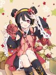  ;d \m/ black_hair bondson bow double_\m/ double_bun fang hair_bow japanese_clothes love_live! love_live!_school_idol_festival love_live!_school_idol_project nico_nico_nii one_eye_closed open_mouth petals red_eyes smile solo twintails yazawa_nico 