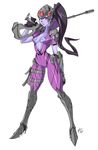  bodysuit breasts center_opening holding_weapon long_hair overwatch ponytail purple_skin sniper solo widowmaker_(overwatch) 