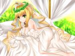  ahoge artist_request ass bare_shoulders bed belt blonde_hair breasts cleavage detached_sleeves fate/extella fate/extra fate/extra_ccc fate/grand_order fate_(series) gloves green_eyes looking_at_viewer lying on_stomach panties puffy_sleeves saber_bride saber_extra shinteko shiny shiny_skin short_hair smile solo veil 