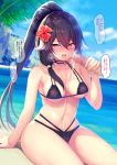  azur_lane bare_legs beach bikini black_bikini blush breasts brown_hair censored cleavage cloud cloudy_sky collarbone cum cum_on_body cum_on_breasts cum_on_stomach cum_on_upper_body day disembodied_penis ejaculation erect_nipples eyebrows_visible_through_hair flower hair_between_eyes hair_flower hair_ornament handjob highres horn_ornament long_hair looking_at_viewer medium_breasts midriff mikasa_(azur_lane) mosaic_censoring navel noukatu ocean open_mouth orange_eyes palm_tree penis ponytail sidelocks sitting skindentation sky solo speech_bubble string_bikini swimsuit tareme tongue tongue_out tree 