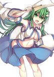  :d arm_up armpits bare_shoulders blue_skirt breasts detached_sleeves frog_hair_ornament gohei green_eyes green_hair hair_ornament hair_tubes janne_cherry japanese_clothes kochiya_sanae large_breasts leaning_forward long_hair long_sleeves looking_at_viewer miko navel no_bra no_panties open_mouth skirt smile solo touhou unbuttoned underboob white_background wide_sleeves 