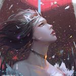  artist_name blue_eyes brown_hair building confetti floating_hair gate guweiz looking_up original outdoors parade parted_lips pink_lips polearm solo_focus spear tiara watermark weapon web_address wind 