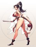  ass breasts brown_eyes brown_hair fatal_fury full_body high_ponytail highres japanese_clothes large_breasts long_hair looking_at_viewer looking_back orushibu pelvic_curtain ponytail revealing_clothes shiranui_mai sideboob smile solo the_king_of_fighters thick_thighs thighs 