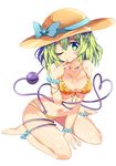  ;) barefoot bikini bow breasts cleavage eyeball full_body green_eyes green_hair hat hat_bow heart heart-shaped_pupils heart_of_string komeiji_koishi maturiuta_sorato medium_breasts navel one_eye_closed short_hair simple_background sitting smile solo sun_hat swimsuit symbol-shaped_pupils third_eye touhou wariza 