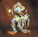  2016 armor avian bird brown_background disney donald_duck drachenmagier duck feathers magic_user male runes scar simple_background spiked_bracelet white_feathers 