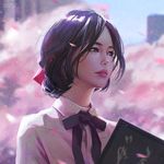  artist_name blue_sky blurry book building cherry_blossoms city collared_shirt day depth_of_field guweiz holding holding_book light_smile looking_afar original outdoors parted_lips petals pink_lips plant realistic shirt sky solo spring_(season) tree upper_body white_shirt wing_collar 