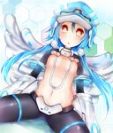  blanc blue_hair blush breasts choujigen_game_neptune hat neptune_(series) next_white red_eyes see-through solo symbol-shaped_pupils transparent_suit white_heart wings 