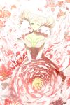  artist_name bare_shoulders blonde_hair blurry breasts cardcaptor_sakura center_opening closed_mouth clow_card collarbone depth_of_field dress drill_hair earrings facial_mark flower flower_(clow_card) flower_earrings forehead_mark green_eyes hair_ornament head_tilt highres jewelry light_particles medium_breasts navel petals pink_dress red_flower ribbon shade smile solo stomach twin_drills winni 