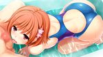  1girl all_fours ass back bathtub blush censored competition_swimsuit error fellatio flower from_above game_cg hair_flower hair_ornament hetero hoshi_ori_yume_mirai koizumi_amane licking mixed_bathing mosaic_censoring nude one-piece_swimsuit oral orange_hair parted_lips partially_submerged penis red_eyes shinozaki_marika short_hair solo_focus staring swimsuit tongue tongue_out water wet wrong_feet 