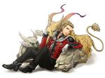  animal bad_id bad_pixiv_id blonde_hair brown_eyes final_fantasy final_fantasy_type-0 gloves green_eyes king_(fft-0) male_focus sitting solo tail twilightend 