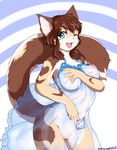  2016 breasts brown_hair cat clothed clothing condom feline female green_eyes hair mammal nipples pussy solo tongue わらびぃてぃ_(artist) 