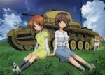  blush breasts casual cloud day dog dress girls_und_panzer ground_vehicle highres holding_hands kneehighs large_breasts medium_breasts military military_vehicle motor_vehicle multiple_girls nishizumi_maho nishizumi_miho official_art panzerkampfwagen_ii scan siblings sisters sky smile socks symmetrical_pose tank 