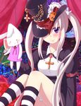 benika blush bunny_hair_ornament bunny_puppet chain dress flower hair_ornament hat highres looking_at_viewer maplestory mole mole_under_eye orchid_(maplestory) pink_dress pumpkin purple_eyes red_ribbon ribbon smile solo striped striped_legwear top_hat twintails white_hair 