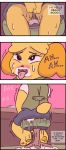  2015 animal_crossing anthro blonde_hair blush canine clothed clothing comic digital_drawing_(artwork) digital_media_(artwork) dog english_text female fully_clothed fur hair isabelle_(animal_crossing) looking_up mammal nintendo omorashi open_mouth peeing pink_background shaking shiba_inu simple_background sitting solo sweat teeth text tinycatmom tongue tongue_out urine urine_pool video_games wetting yellow_fur 
